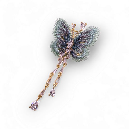 Luxury Embroidered Butterfly Brooch with Dangle Zircon Chains
