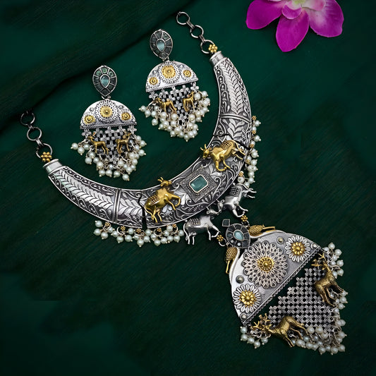 Antique Oxidised Two Tone Hasli Necklace Set with Hanging Pearls