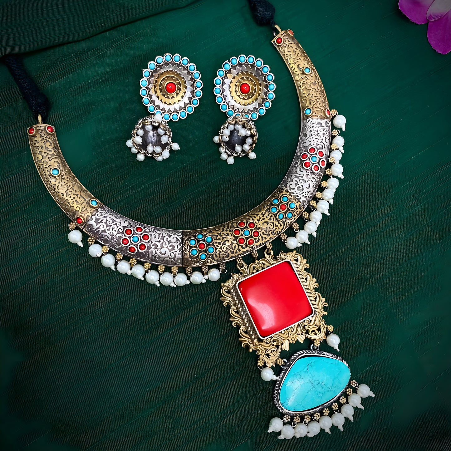 Oxidised Two Tone Hasli Necklace Set with Jhumkis