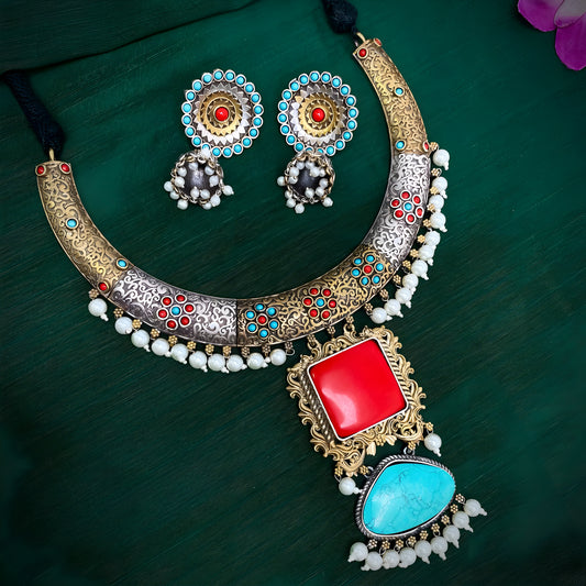 Oxidised Two Tone Hasli Necklace Set with Jhumkis