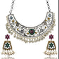 Dual Tone Afghani Oxidised Floral Choker Necklace Set with Hanging Pearls