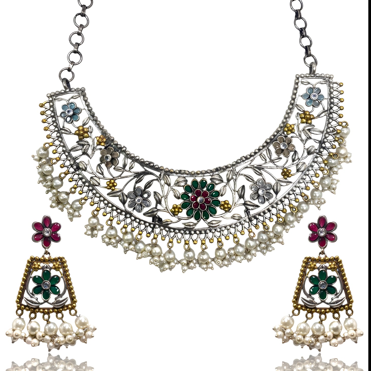 Dual Tone Afghani Oxidised Floral Choker Necklace Set with Hanging Pearls