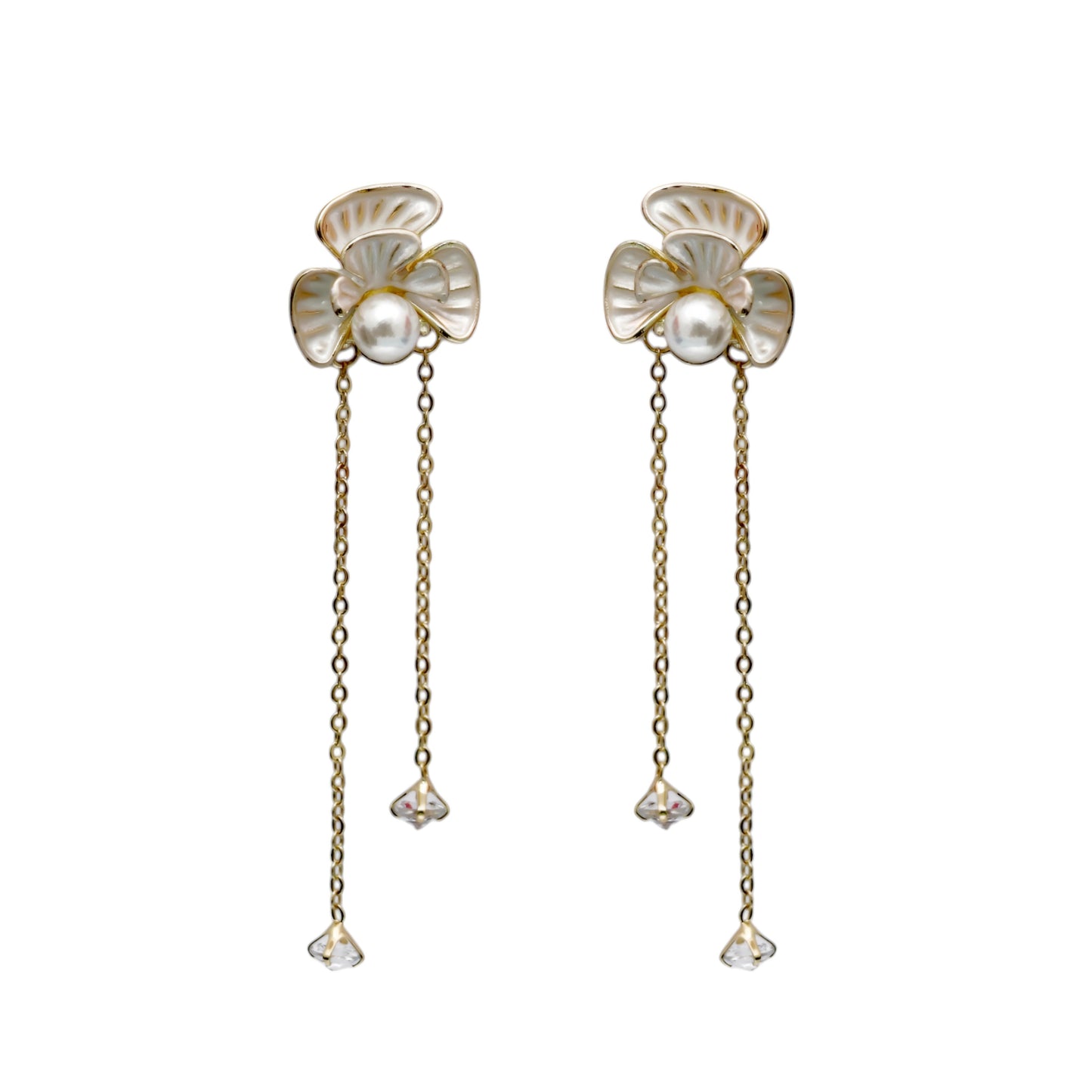 Beautiful Golden Korean Design Floral Danglers with Pearl & Hanging Stones