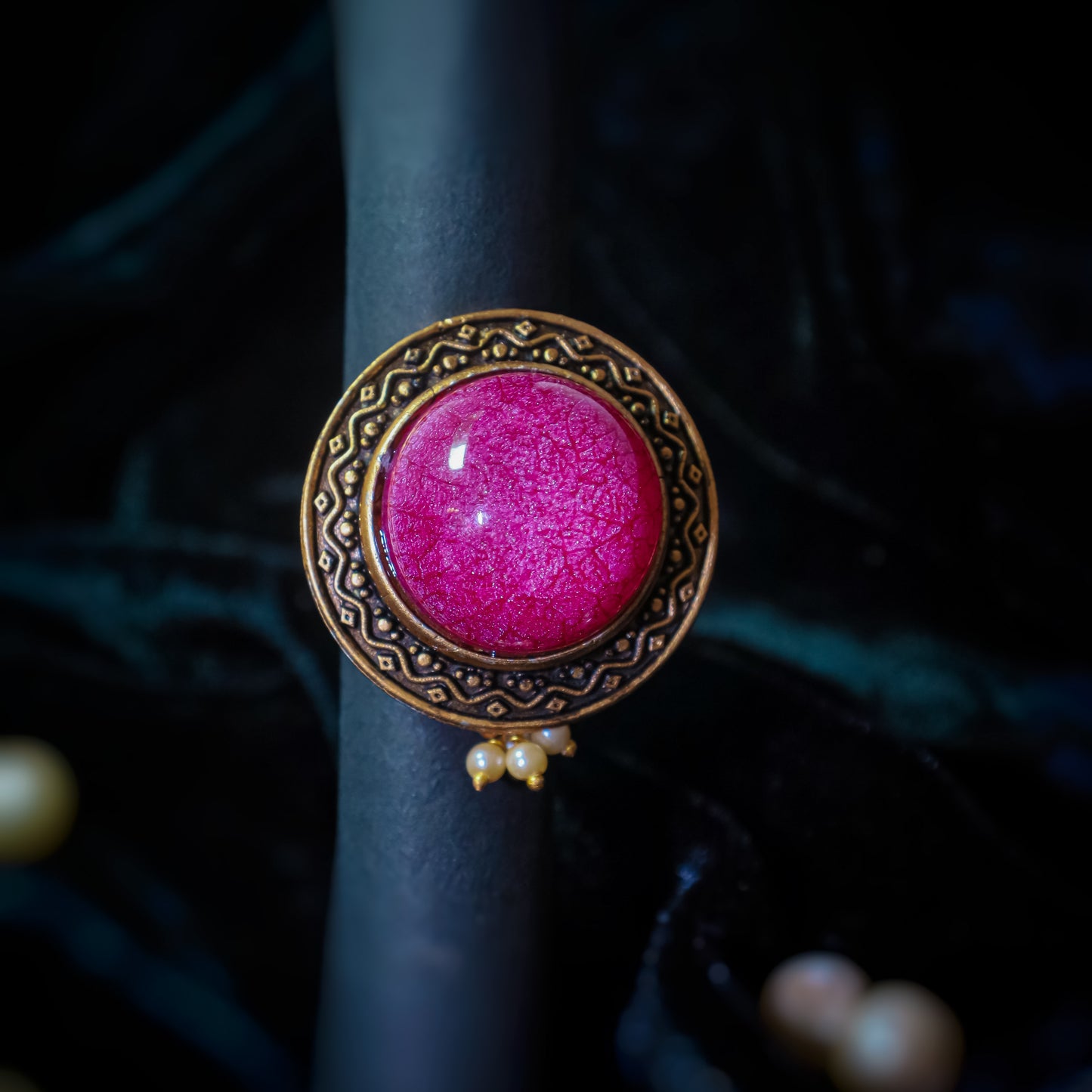 Vintage-Inspired Fuchsia Glass Ring with Ornate Rose Gold-Tone Setting