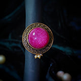 Vintage-Inspired Fuchsia Glass Ring with Ornate Rose Gold-Tone Setting