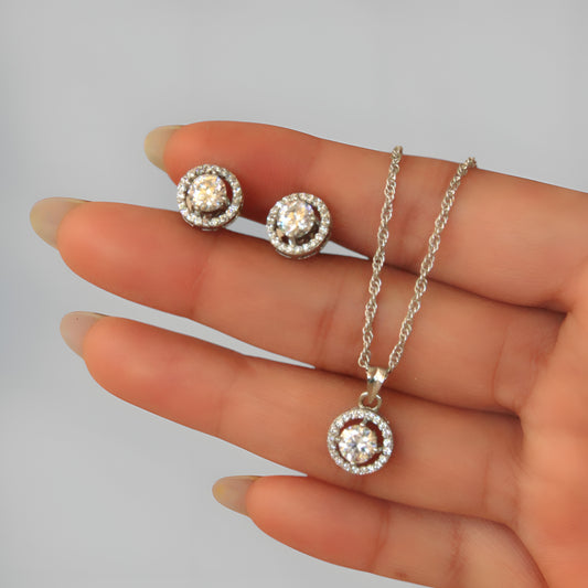 Beautiful Round Single AD Solitaire Chain Pendant Set with Studs