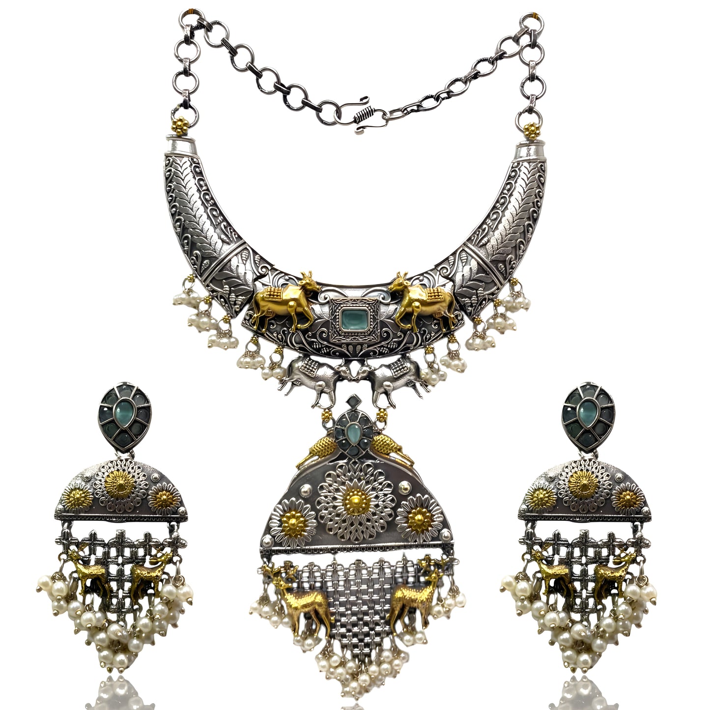 Antique Oxidised Two Tone Hasli Necklace Set with Hanging Pearls