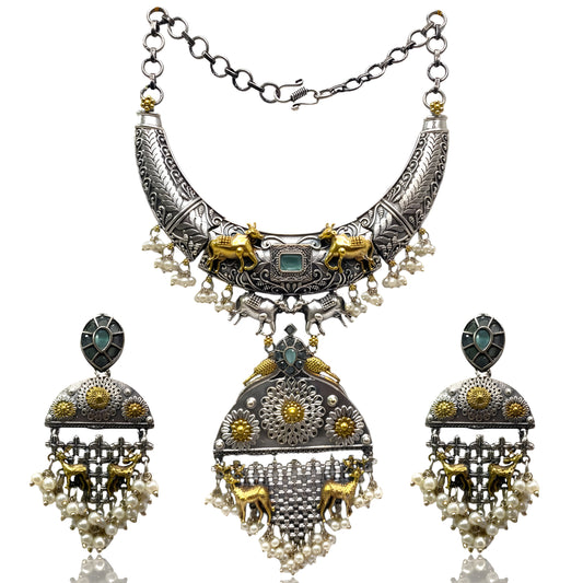 Antique Oxidised Two Tone Hasli Necklace Set with Hanging Pearls