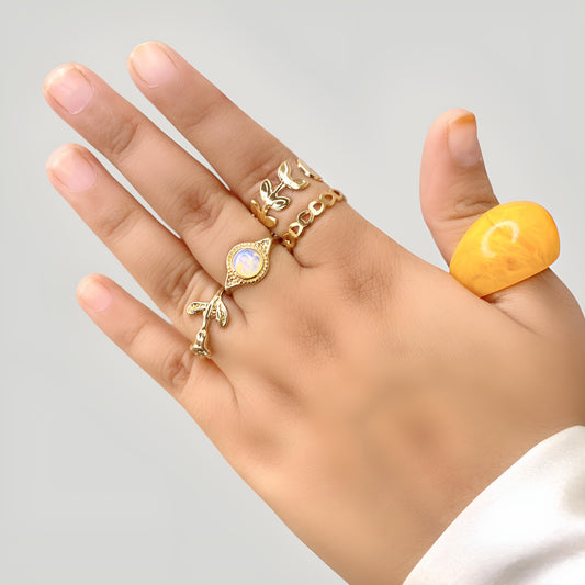 Trendy & Stylish Gold Toned Korean Design 5 pcs Ring Combo set for Women