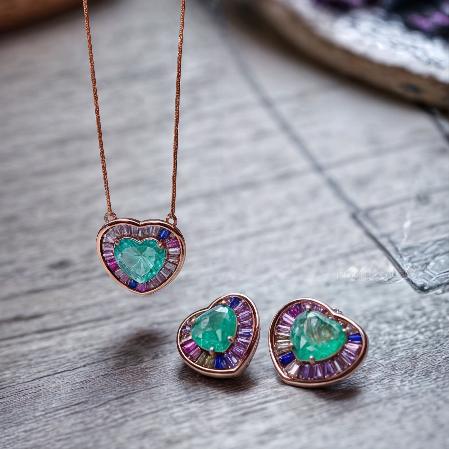 Heart Shaped Pendant Set with Aqua Colour Gemstone