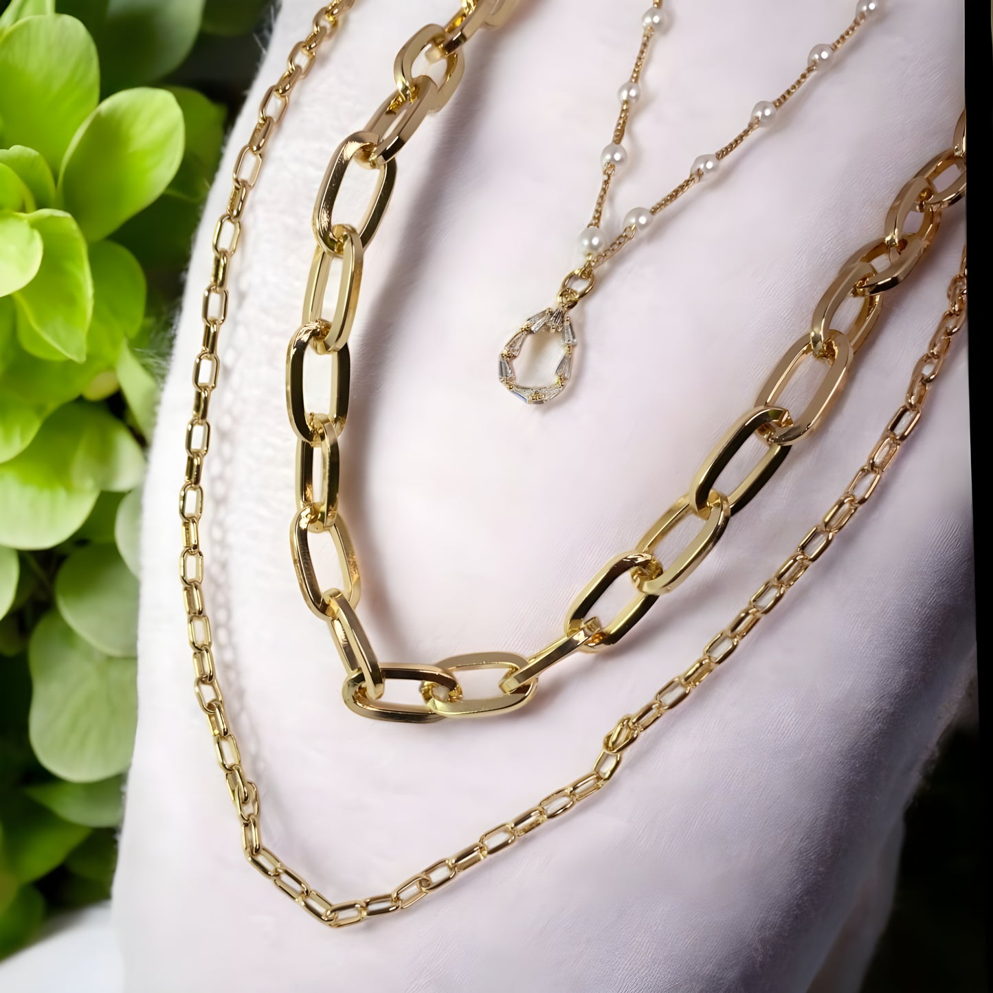 Elegant Multi Layer Gold Plated Korean Necklace with Pearls & CZ Stones