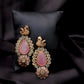 GOLD OXIDISED With Gold PLATED AD EARRINGS WITH BABY PINK CARVING STONE