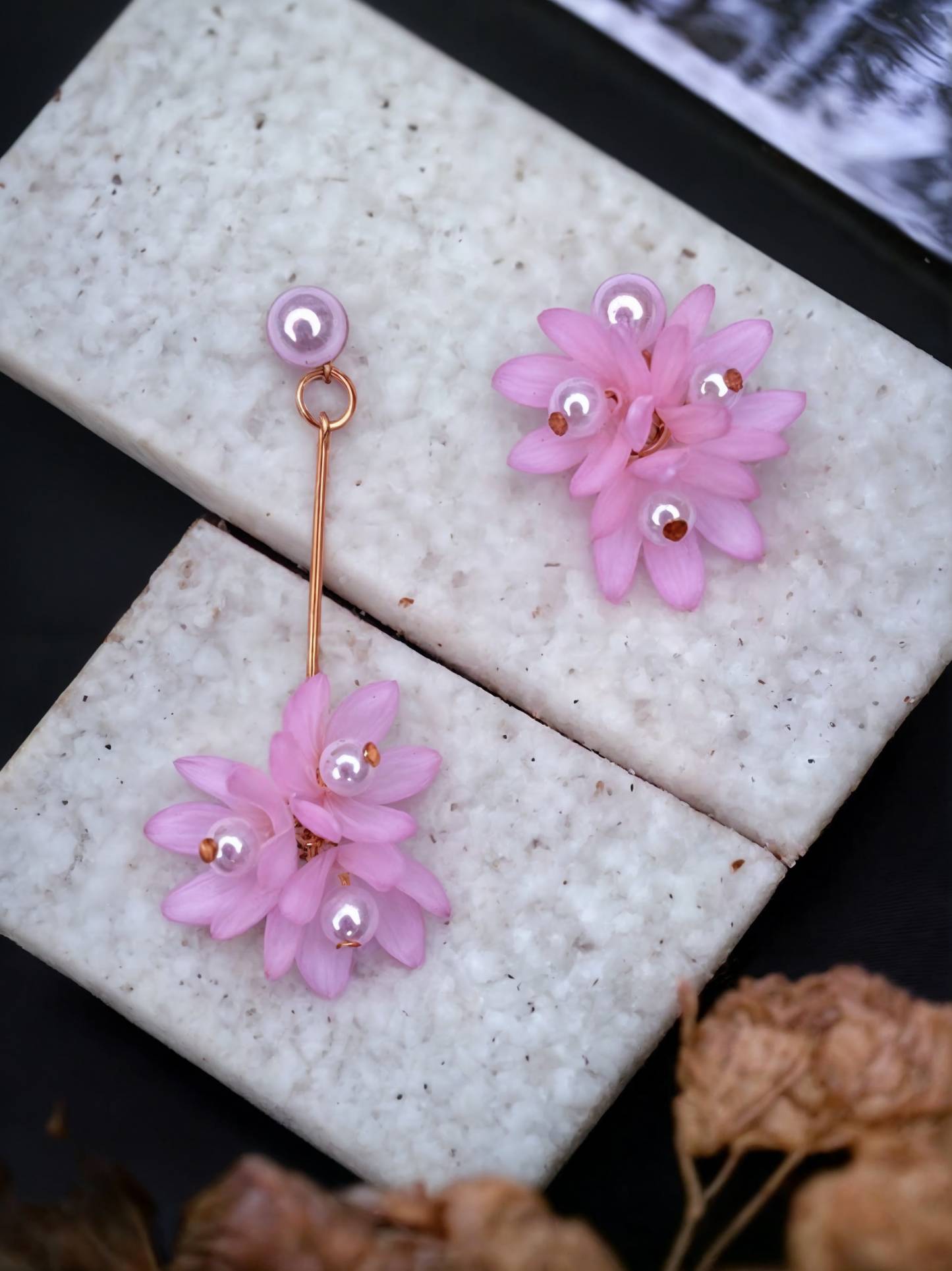 Pink Floral Drop Earrings with Pearl