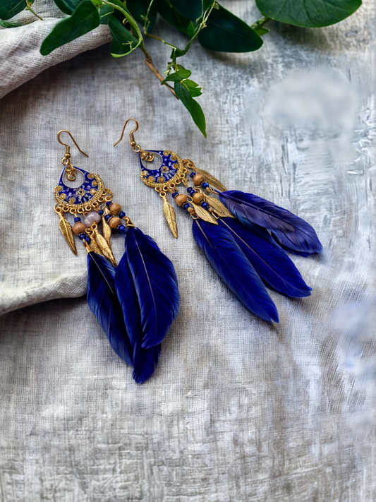 Golden Plated Blue Feather Danglers