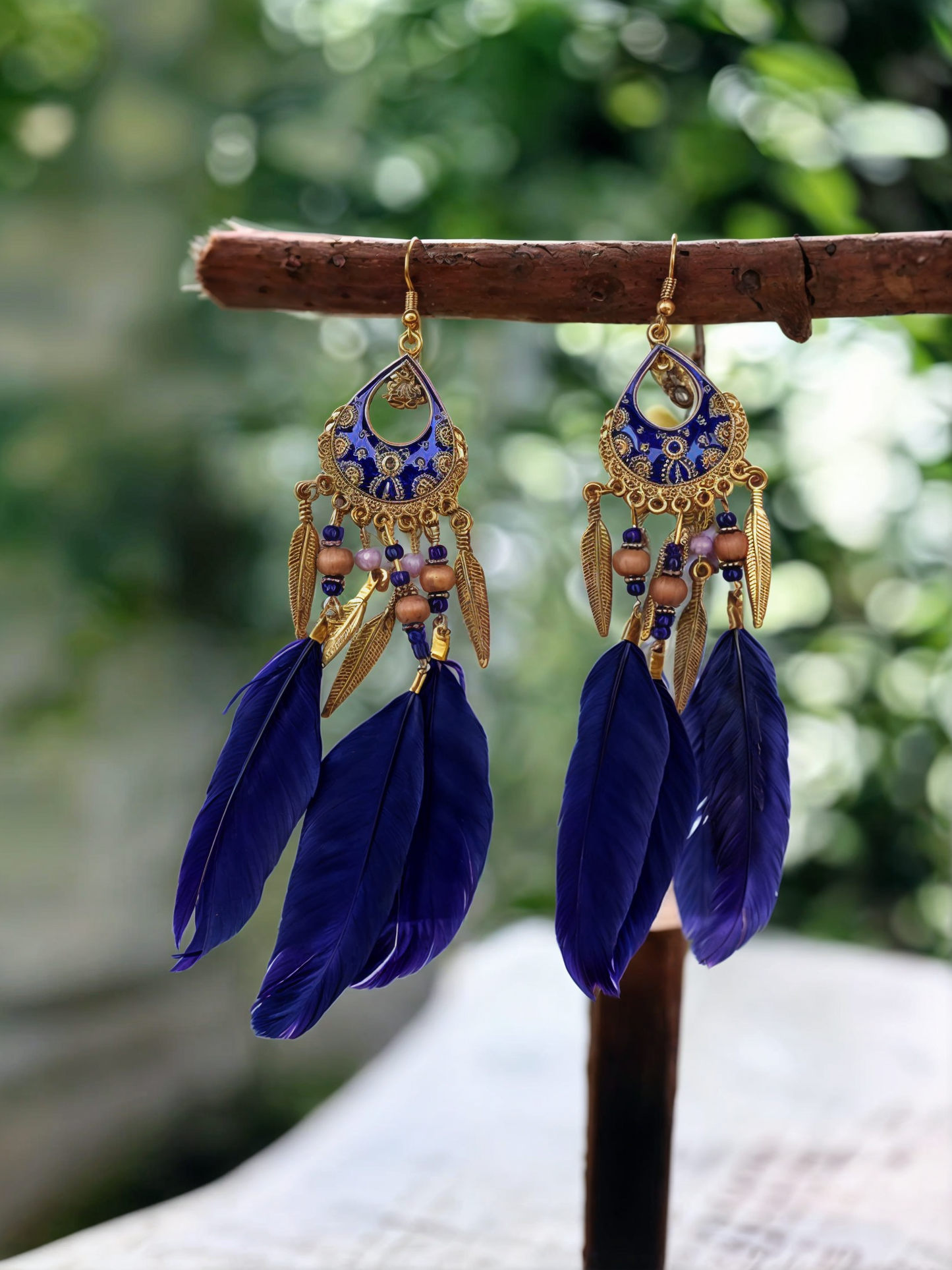 Golden Plated Blue Feather Danglers