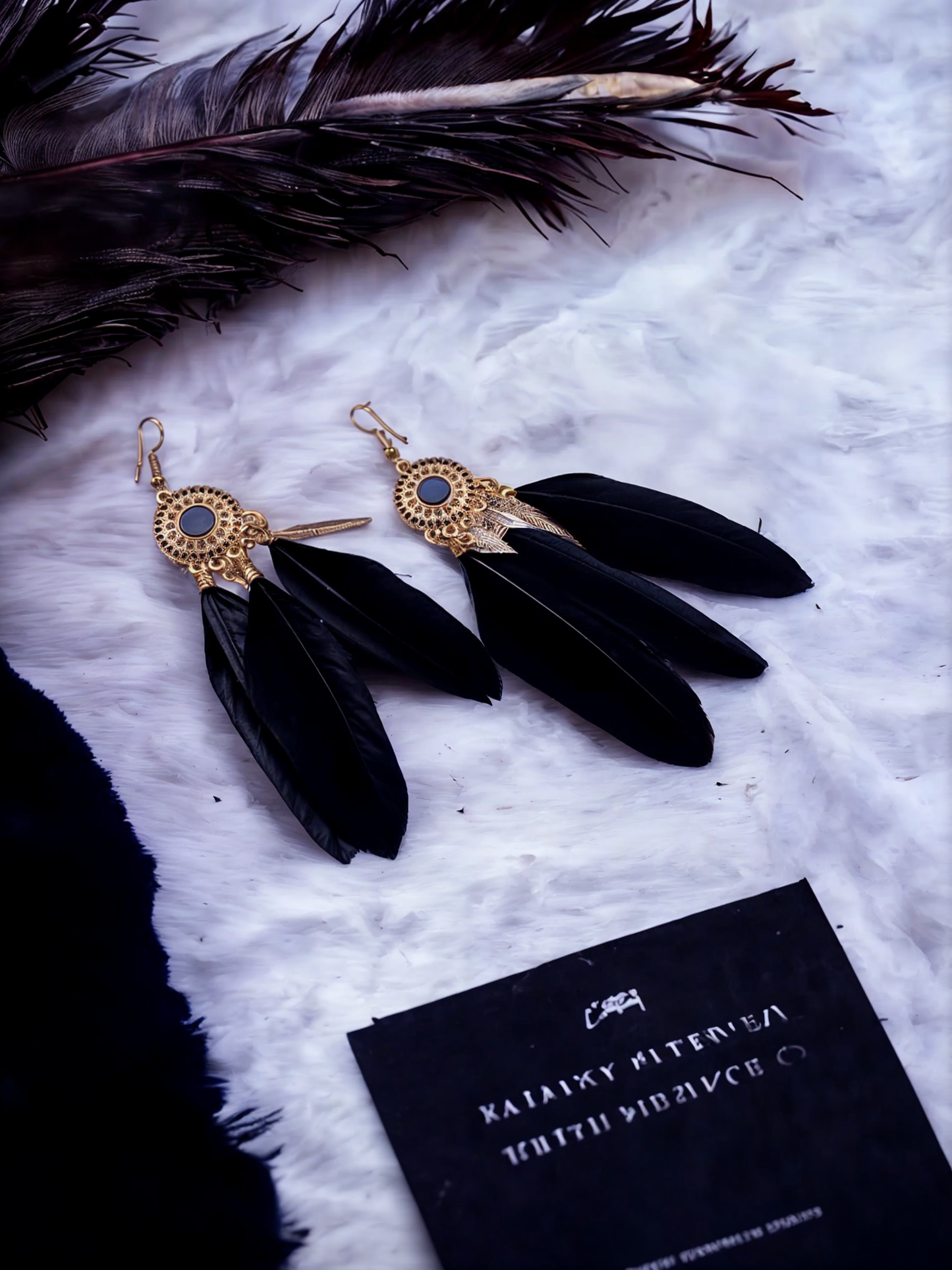 Boho Golden Plated Black Feather Danglers