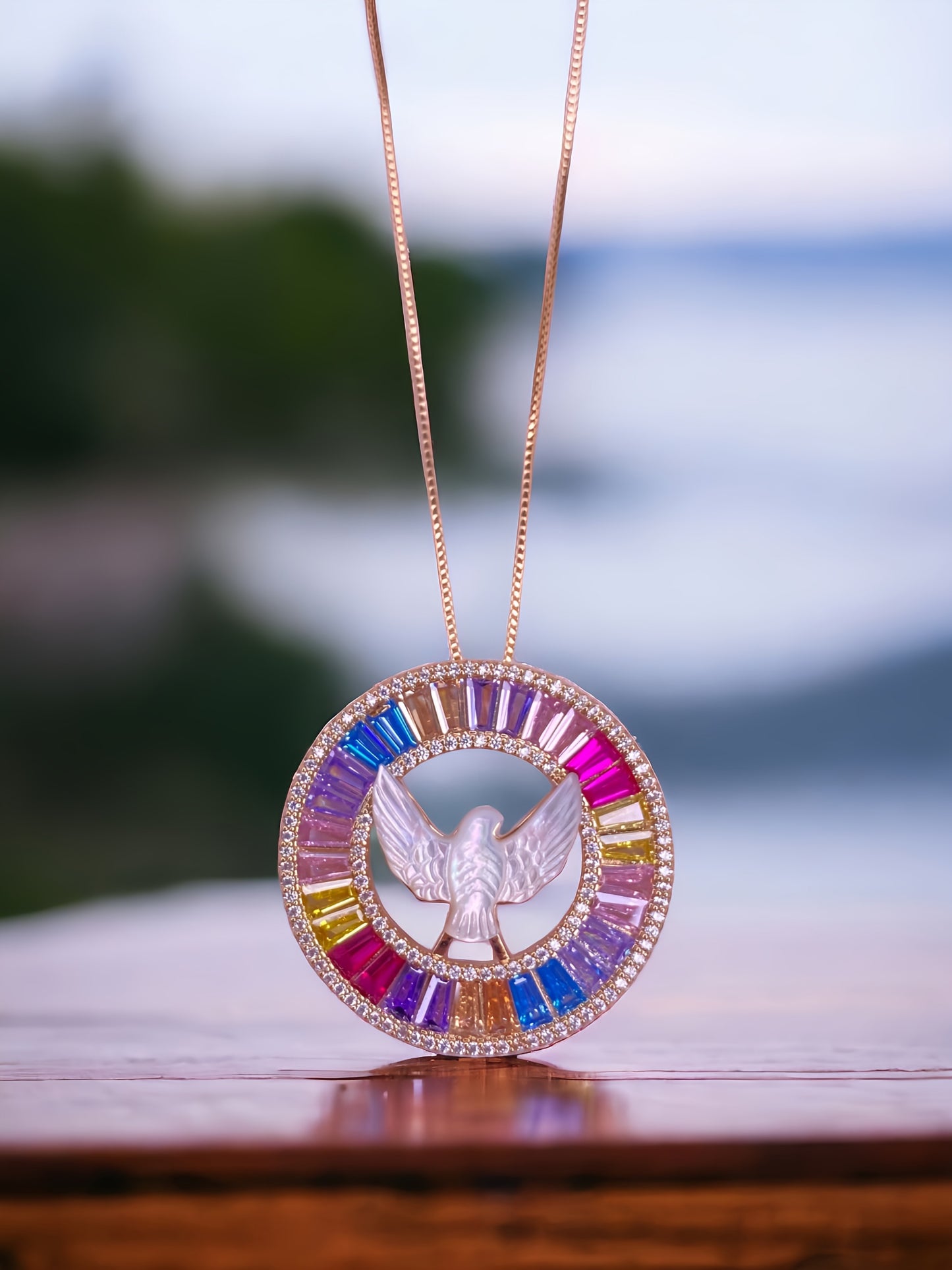 Circle Eagle Chain Pendant with MOP & Colorful CZ