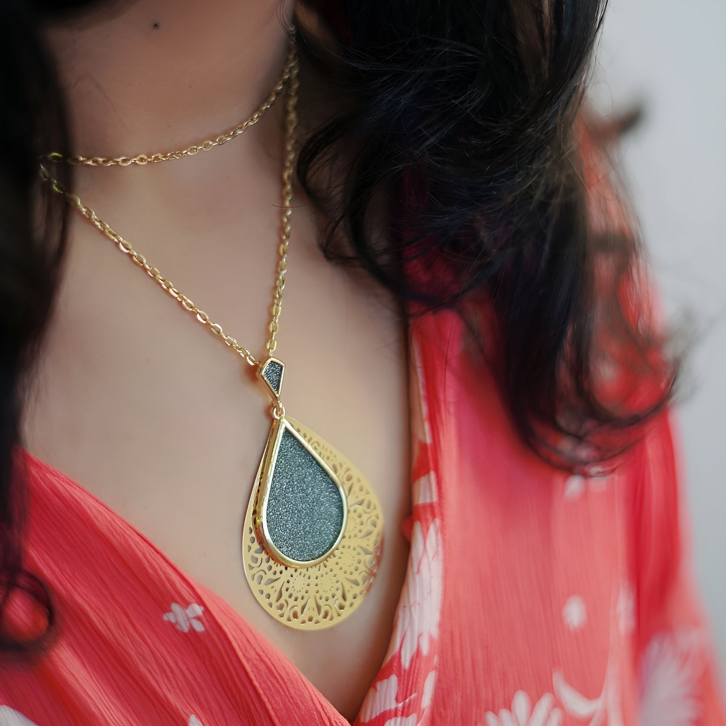 Black Shimmer Laser Cut Long Chain Pendant