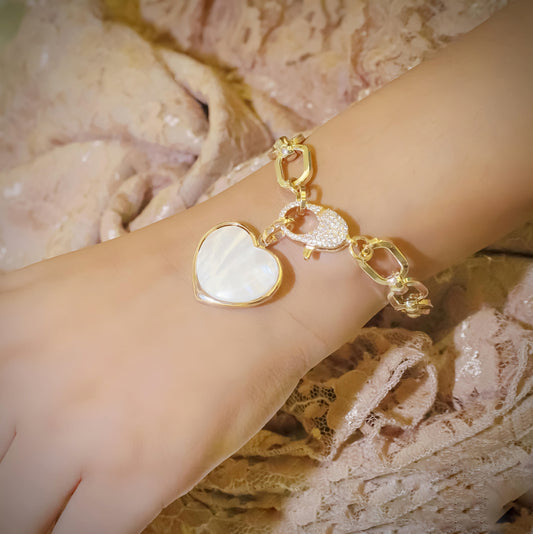 Beautiful Golden Chain Bracelet with MOP Heart Charm & CZ Stones