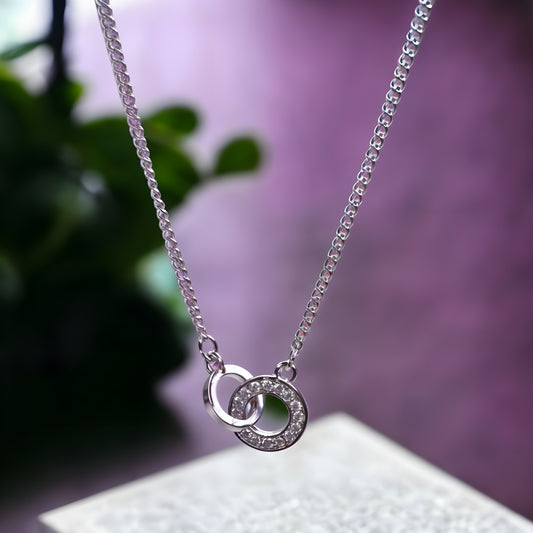 Sterling Silver Circle Ring Connected Chain Pendant with CZ