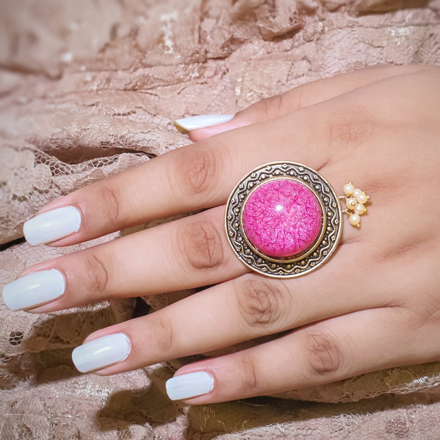 Vintage-Inspired Fuchsia Glass Ring with Ornate Rose Gold-Tone Setting