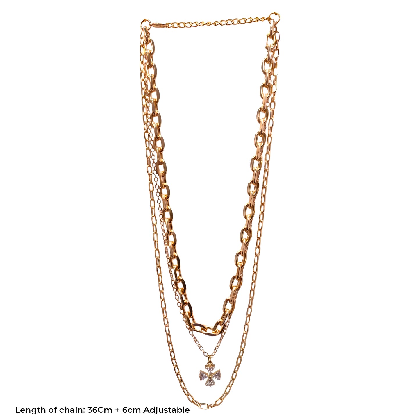 Multi Layer Gold Plated Korean Necklace with Floral CZ Stone