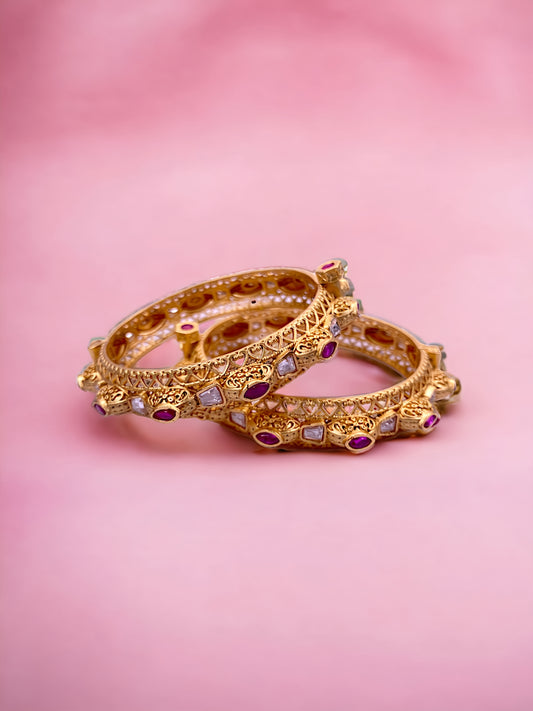 GOLD PLATED KUNDAN POLKI BANGLE WITH PINK STONE