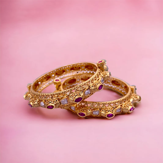 GOLD PLATED KUNDAN POLKI BANGLE WITH PINK STONE