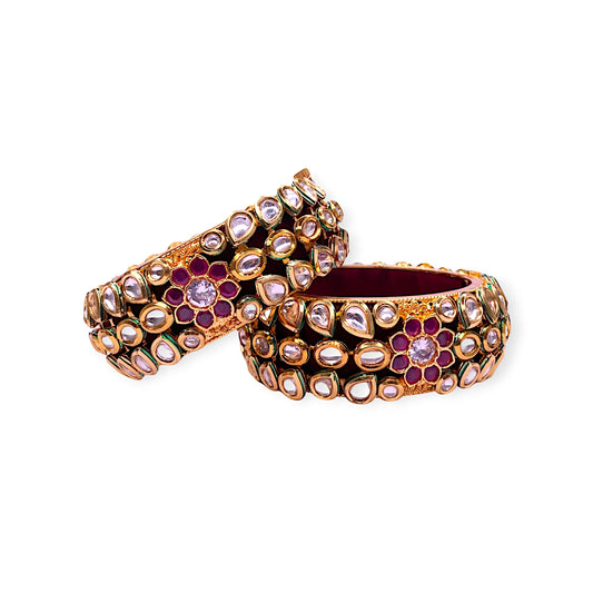 Red Kundan Decorated And Gold Plated Flower Kada