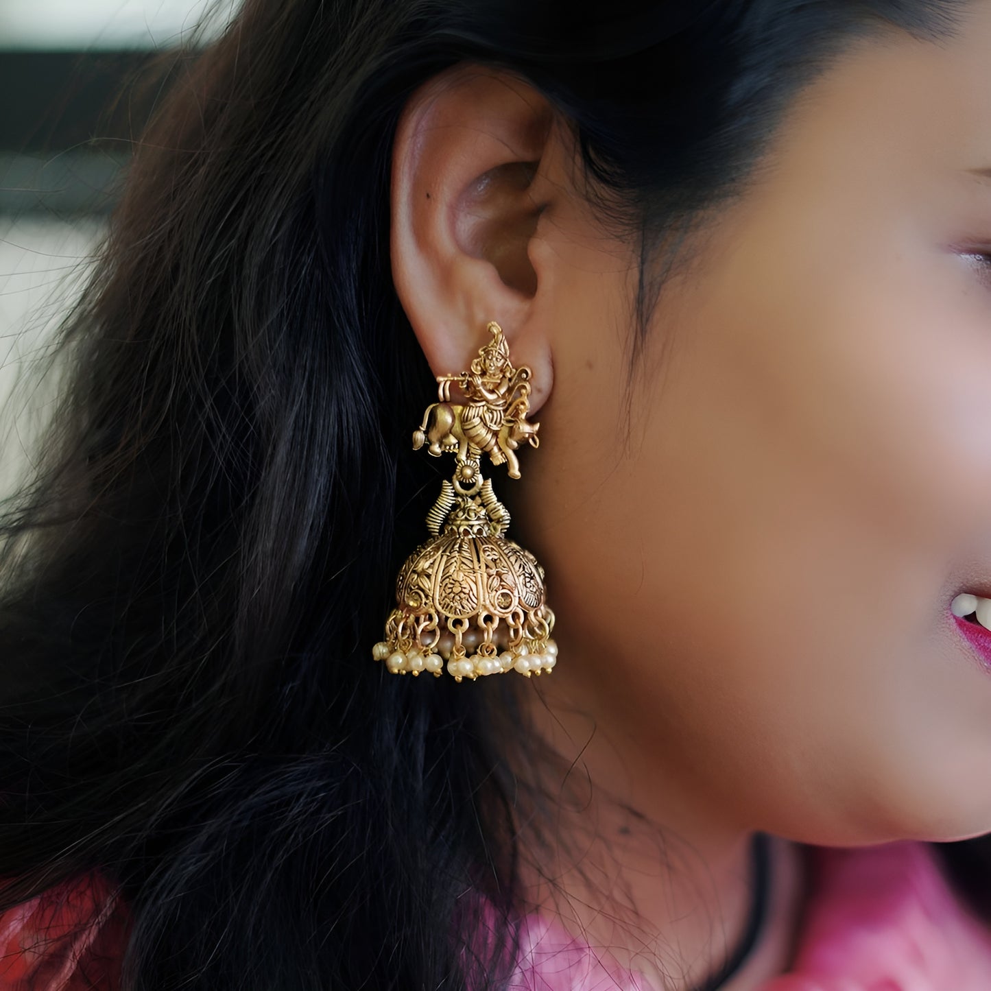 Krishna Jhumki Antique Gold Plated Earrings For Women & Girls