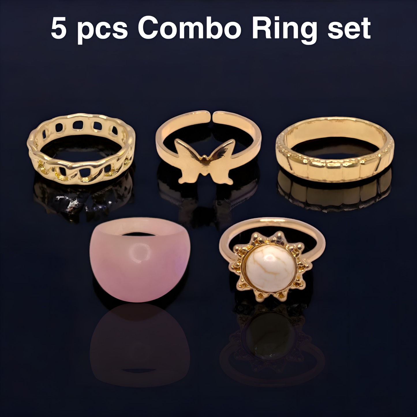 Golden Plated & Resin 5 Rings Set for Women