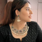 Dual Tone Afghani Oxidised Floral Choker Necklace Set with Hanging Pearls