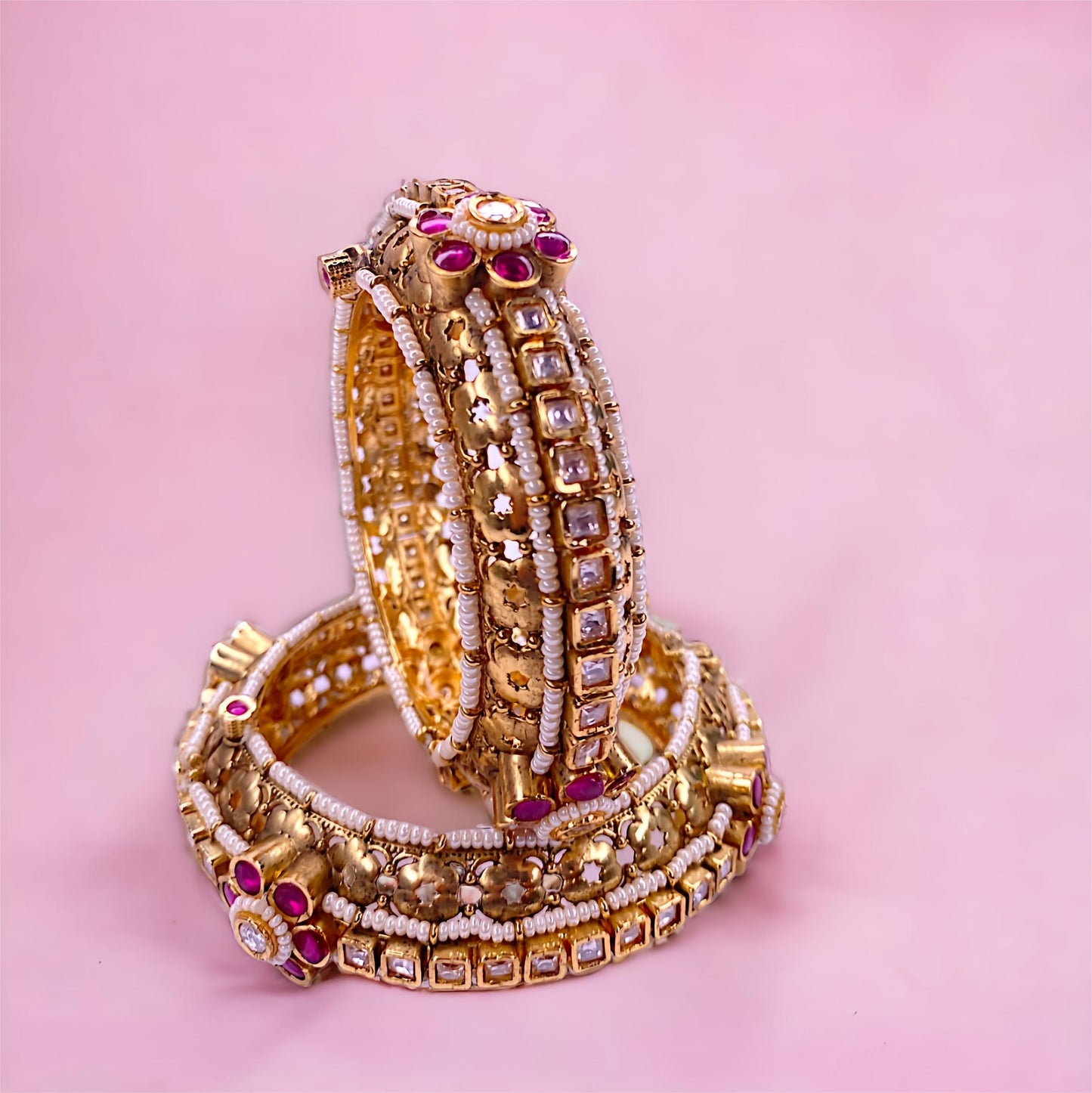 Flexible GOLD PLATED KUNDAN POLKI BANGLE WITH MOTI & STONE