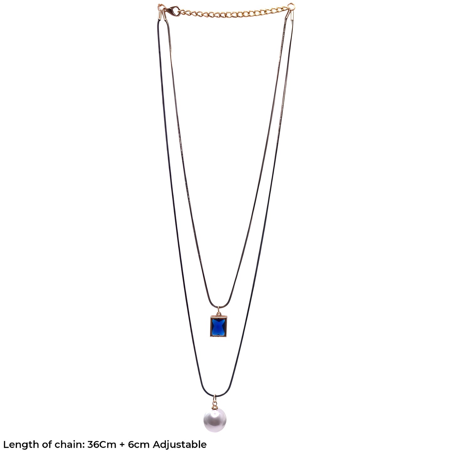 Radiant Blue Sapphire Pendant with Pearl 2 Layer Necklace