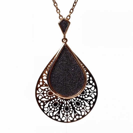 Black Shimmer Laser Cut Long Chain Pendant