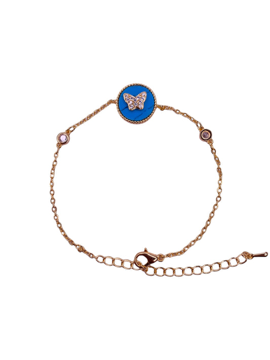 Golden Flexible Bracelet with Sky Blue Ceramic Stone & Zircon Butterfly