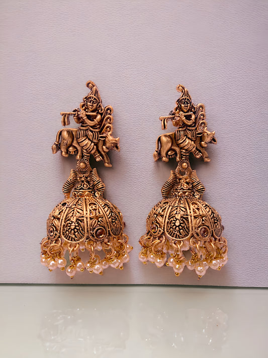 Krishna Jhumki Antique Gold Plated Earrings For Women & Girls