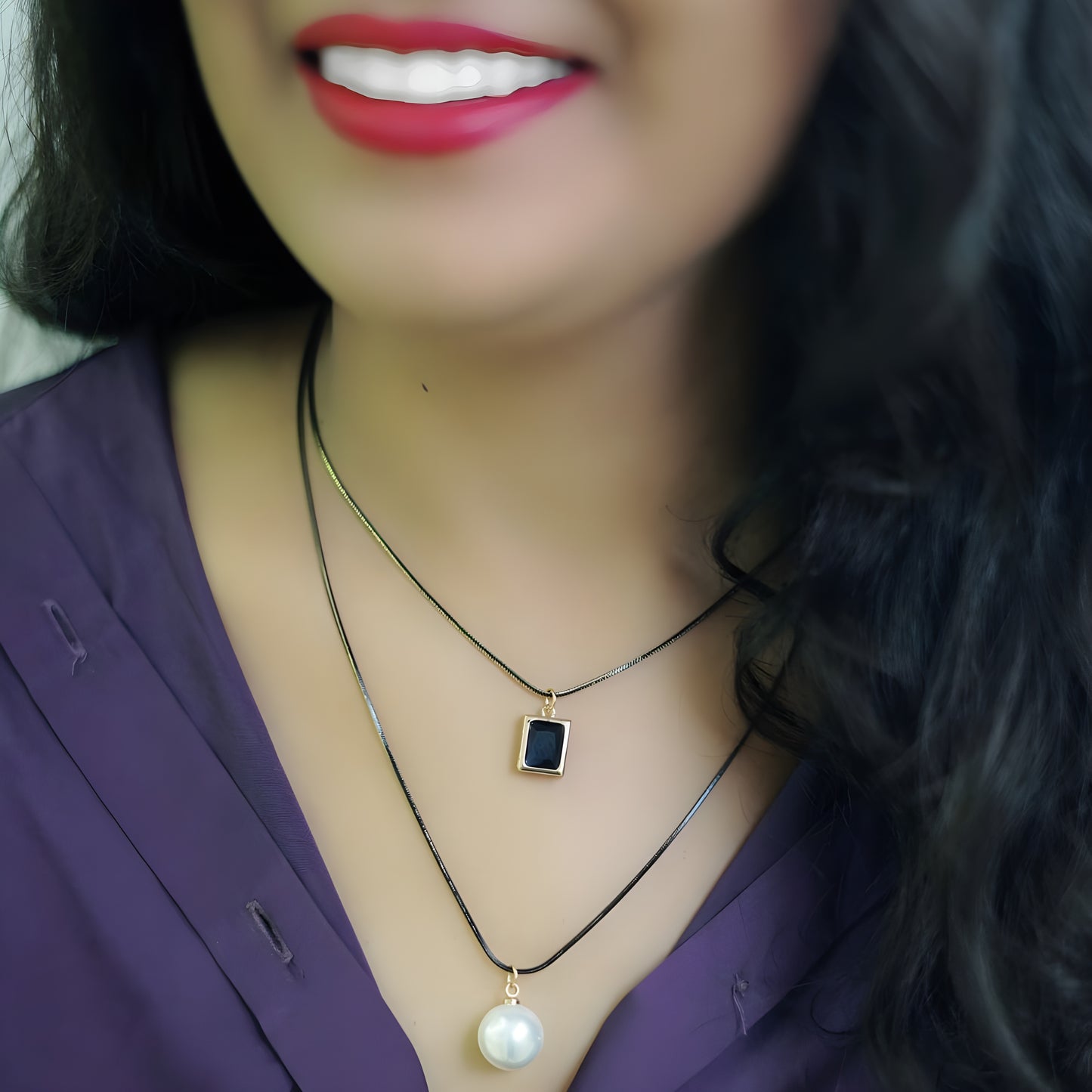 Radiant Blue Sapphire Pendant with Pearl 2 Layer Necklace