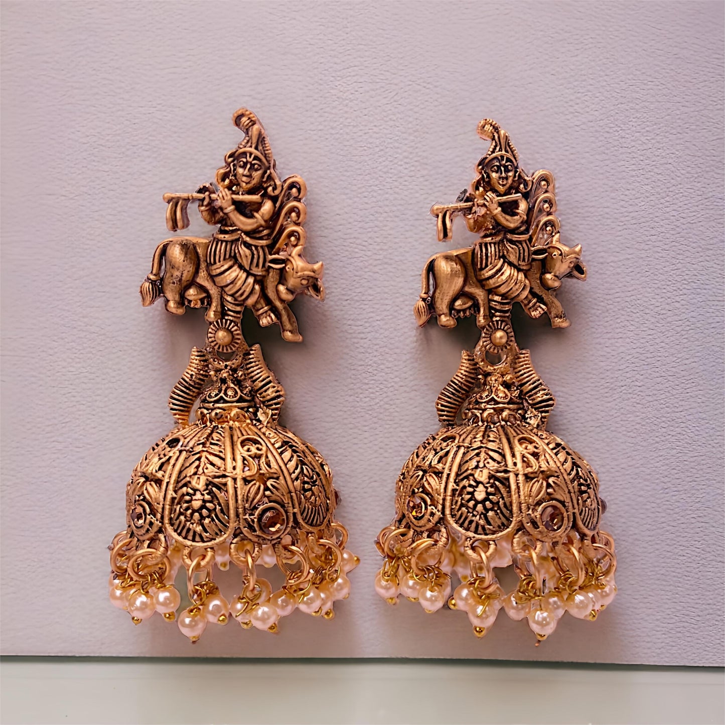 Krishna Jhumki Antique Gold Plated Earrings For Women & Girls