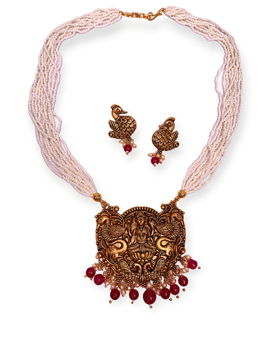 Women Gold-Plated, Off-White & Red Stone-Studded Necklace Set