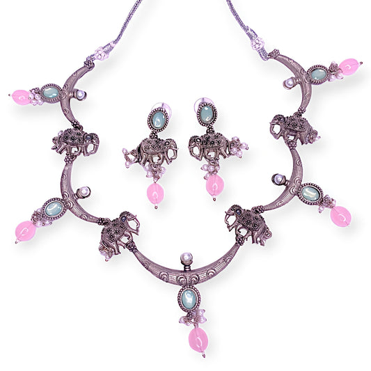 Oxidized Elephants Silver-Plated Beaded Necklace Set For Women