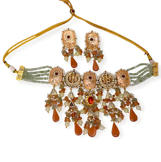 Meenakari Kundan Heavy Bridal Choker Necklace Set with jhumkis