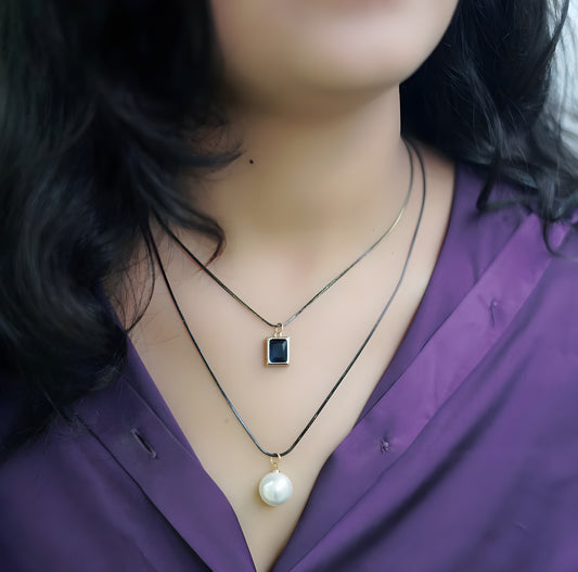 Radiant Blue Sapphire Pendant with Pearl 2 Layer Necklace