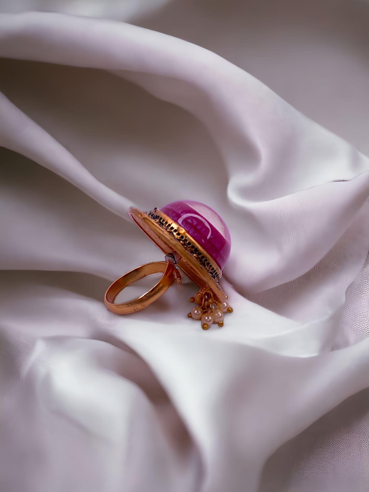 Vintage-Inspired Fuchsia Glass Ring with Ornate Rose Gold-Tone Setting
