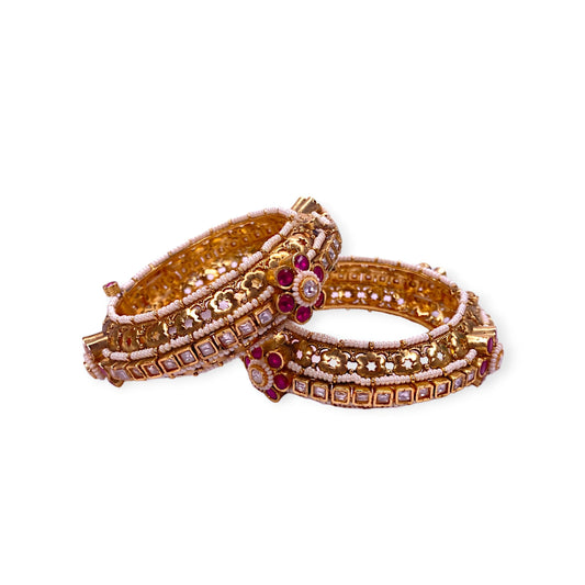 Flexible GOLD PLATED KUNDAN POLKI BANGLE WITH MOTI & STONE