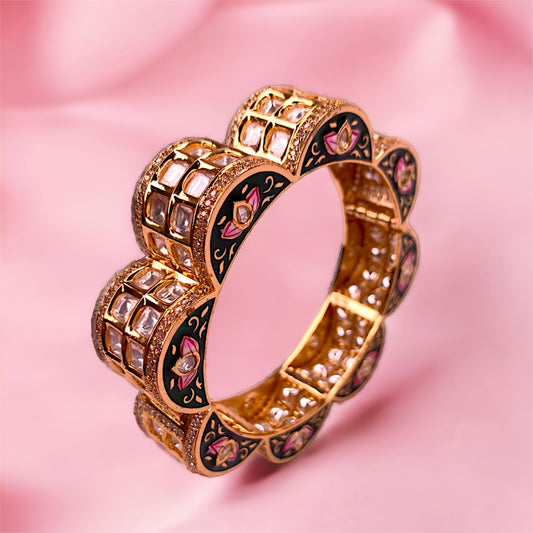 Kundan Polki Floral Meenakari Work Kada Gold Plated