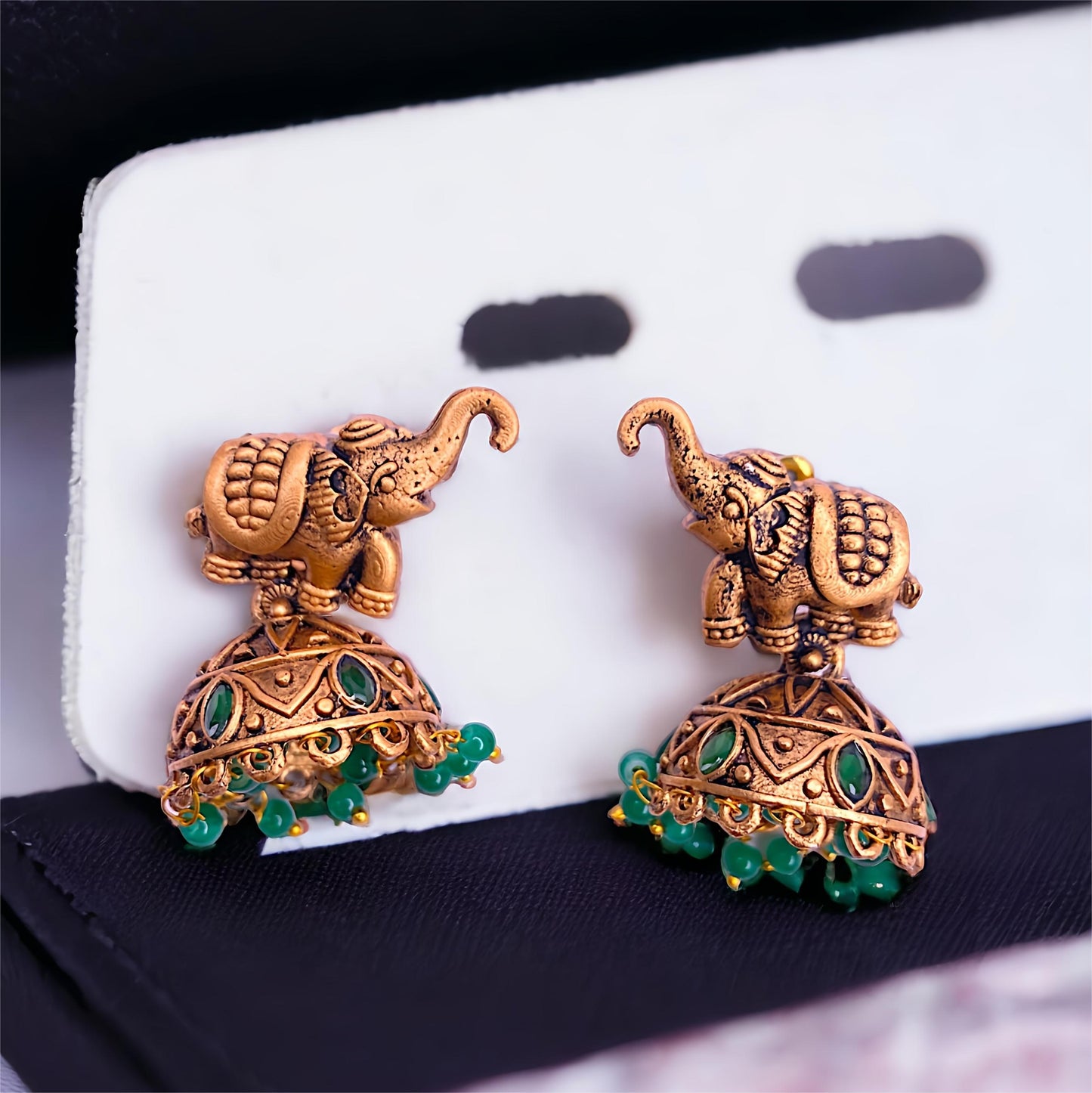 Elephant Model With Green Pearls Jhumki