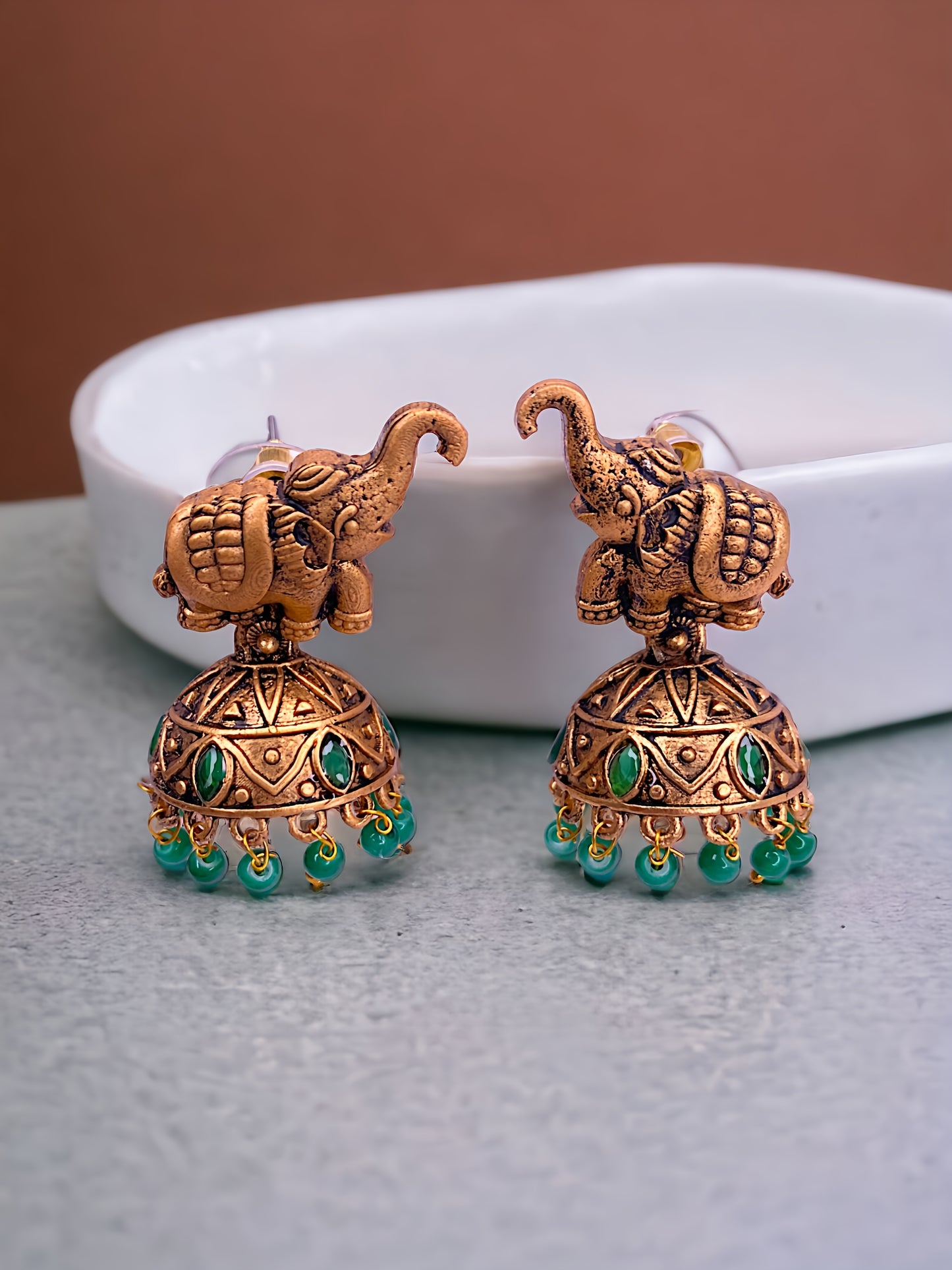 Elephant Model With Green Pearls Jhumki