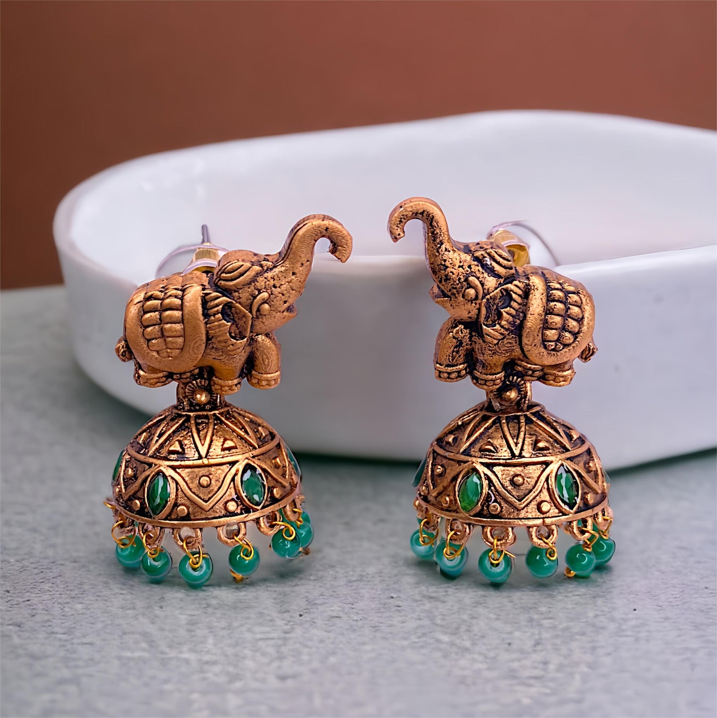 Elephant Model With Green Pearls Jhumki