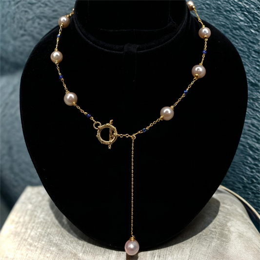 White Pearls Drop Chain Pendant with Blue Beads